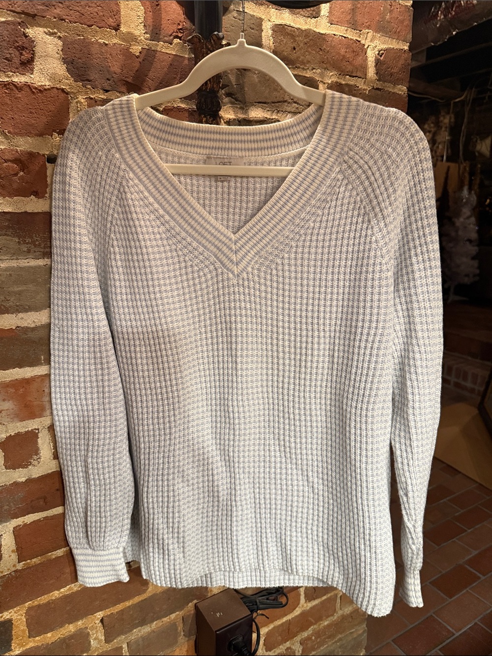 LOFT Light Blue V-Neck Waffle Knit Sweater